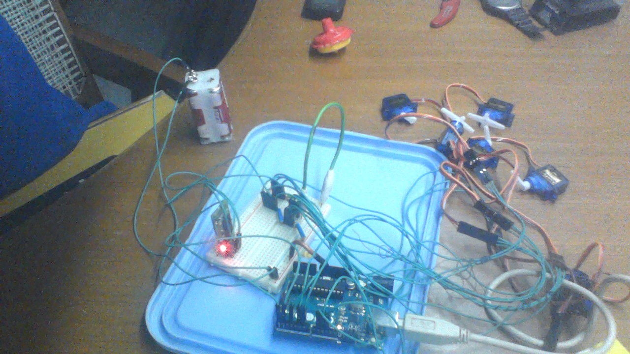 Breadboard and Arduino wiring for the wrist braille display prototype